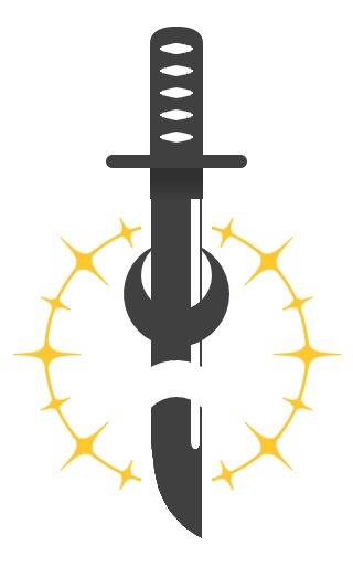 a darkened tanto knife with a blade framed by two crescent moons. one is darkened and pointed up, the other is white and pointing down. all are surrounded by a golden ring of stars